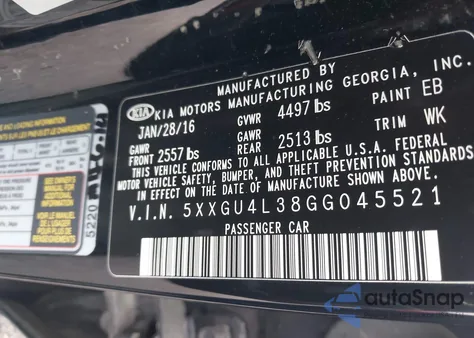 2016 Kia Optima Ex from USA, damaged, VIN 5XXGU4L38GG045521